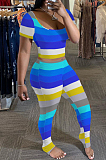 Colourful Casual Polyester Striped Short Sleeve Ruffle Tee Top Long Pants Sets SH7189