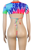Tie Dye Casual Polyester Short Sleeve Round Neck Self Belted Backless Crop Top KF172
