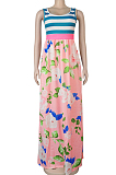 Pink Casual Polyester Floral Sleeveless Round Neck Spliced Mid Waist Long Dress KF180