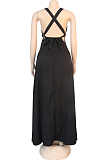 Black Sexy Polyester Sleeveless V Neck Self Belted Backless Mid Waist A Line Dress KF176