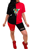 Black Red Casual Polyester Short Sleeve Round Neck Tee Top Shorts Sets CY1240