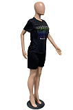 Black Casual Letter Short Sleeve Round Neck Tee Top Shorts Sets YLY670