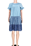 Blue Casual Polyester Short Sleeve Round Neck Spliced Ruffle A Line Dress GL6278