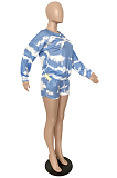 Light Blue Casual Tie Dye Long Sleeve Round Neck Longline Top Shorts Sets YM8125