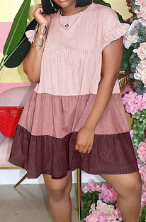 Pink Casual Polyester Short Sleeve Round Neck Spliced Ruffle A Line Dress GL6278