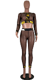 Black Sexy Polyester Long Sleeve Round Neck Spliced Tee Top Long Pants Sets CY1232