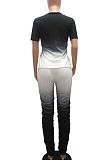 Black Casual Polyester Mouth Graphic Short Sleeve Round Neck Ruffle Tee Top Long Pants Sets MR2049