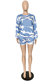 Light Blue Casual Tie Dye Long Sleeve Round Neck Longline Top Shorts Sets YM8125
