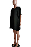 Black Casual Polyester Batwing Sleeve V Neck Tee Jag Top Shorts Sets MR2047