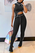 WHOLESALE | Black Sporty Polyester Striped Sleeveless Crop Top High Waist Long Pants Sets MDF5146