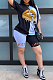 Black Blue Casual Polyester Mouth Graphic Short Sleeve Round Neck Spliced Tee Top Shorts Sets YSH6142