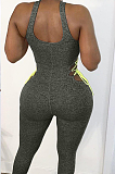 Grey Casual Polyester Sleeveless Self Belted Bodycon Jumpsuit LD8723