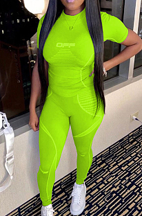 Neon Green Sporty Polyester Short Sleeve Round Neck Tee Top Capris Pants Sets MR2041