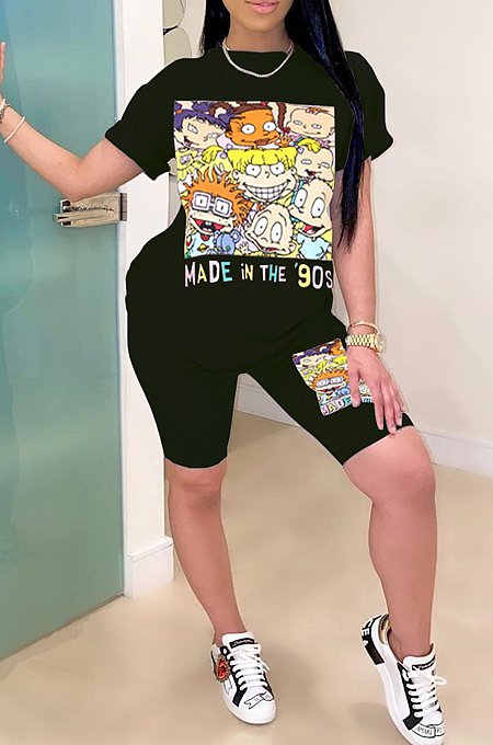 Black Casual Polyester Cartoon Graphic Short Sleeve Round Neck Tee Top Shorts Sets YSH6140