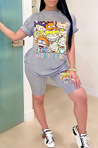 Gray Casual Polyester Cartoon Graphic Short Sleeve Round Neck Tee Top Shorts Sets YSH6140