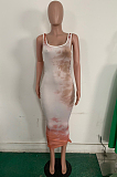 Multi Casual Polyester Tie Dye Sleeveless Hollow Out Mid Waist Tank Dress LD8701