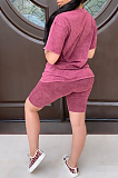 Wine Red Casual Polyester Short Sleeve Round Neck Tee Top Shorts Sets LD8729