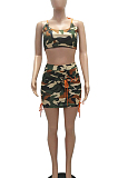 Camo Sexy Polyester  Sleeveless Cold Shoulder Self Belted Crop Top Above Knee / Short Skirt Sets MR2046