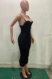 Black Casual Polyester Sleeveless Spaghetti Strap  Open Back Ruffle Slip Dress LD8722