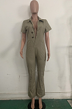 Khaki Sexy Polyester Short Sleeve Buttoned Overall Jumpsuit LD8724