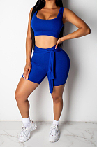 Blue Casual Sleeveless Round Neck Tank Top Shorts Sets D8278