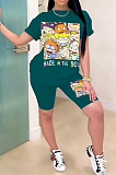 Gray Casual Polyester Cartoon Graphic Short Sleeve Round Neck Tee Top Shorts Sets YSH6140