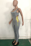 Grey Casual Polyester Sleeveless Self Belted Bodycon Jumpsuit LD8723