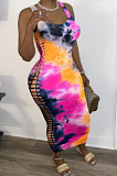 Multi Casual Polyester Tie Dye Sleeveless Hollow Out Mid Waist Tank Dress LD8701