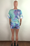 Colorful Green Casual Tie Dye Short Sleeve V Neck Tie Front Shorts Sets QZ4204