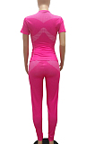 Rose Red Sporty Polyester Short Sleeve Round Neck Tee Top Capris Pants Sets MR2041