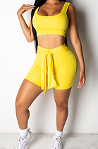Yellow Casual Sleeveless Round Neck Tank Top Shorts Sets D8278