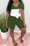 Pink Casual Polyester Leopard Short Sleeve V Neck Spliced Tee Top Shorts Sets LD8716