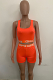 Orange Casual Polyester Letter Sleeveless Tank Top Shorts Sets LD8728