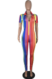 Yellow Sexy Polyester Striped Short Sleeve Bodycon Jumpsuit YY5180