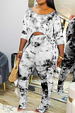 Black Casual Polyester Tie Dye Half Sleeve Round Neck Tee Top Long Pants Sets YSH6145