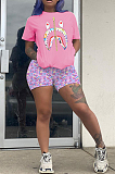 Pink Black Casual Polyester Cartoon Graphic Short Sleeve Round Neck Tee Top Shorts Sets YY5169