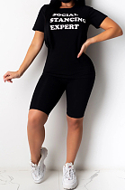 Black Casual Polyester Letter Short Sleeve Round Neck Tee Top Capris Pants Sets YSH6143