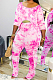 Pink Casual Polyester Tie Dye Half Sleeve Round Neck Tee Top Long Pants Sets YSH6145
