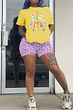 Yellow Black Casual Polyester Cartoon Graphic Short Sleeve Round Neck Tee Top Shorts Sets YY5169