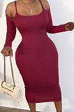 Wine Red Sexy Polyester Long Sleeve Long Dress YY5185