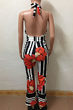Red Sexy Cotton Striped Floral Cami Halterneck Jumpsuit JLX5811