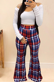 Red Casual Polyester Plaid Long Sleeve Tee Top Flare Leg Pants Sets YY5167