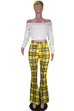 Yellow Casual Polyester Plaid Long Sleeve Tee Top Flare Leg Pants Sets YY5167