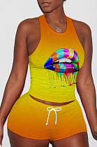 Gradient Yellow Sporty Polyester Mouth Graphic Sleeveless Round Neck Tank Top Shorts Sets YY5178