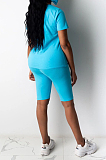 Light Blue Casual Polyester Letter Short Sleeve Round Neck Tee Top Capris Pants Sets YSH6143