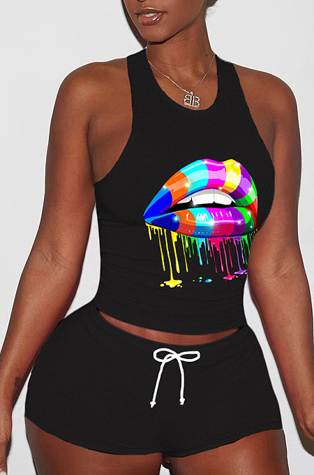 Black Sporty Polyester Mouth Graphic Sleeveless Round Neck Tank Top Shorts Sets YY5178
