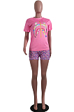 Pink Black Casual Polyester Cartoon Graphic Short Sleeve Round Neck Tee Top Shorts Sets YY5169