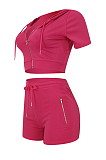 Rose Red Pure Color Casual Polyester Short Sleeve Hoodie Shorts Sets ED8237