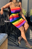 Multicolour Sexy Polyester Rainbow Stripe Sleeveless Tube Dress YY5177