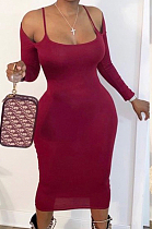 Wine Red Sexy Polyester Long Sleeve Long Dress YY5185